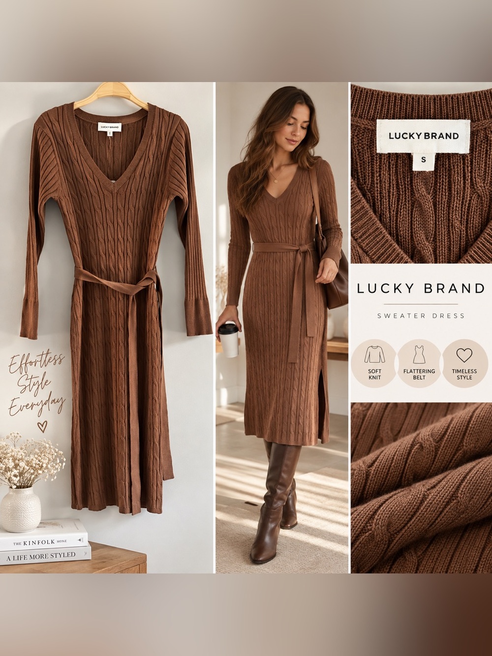 Lucky Brand Chocolate Brown Cable-Knit V-Neck Sweater Dress-NWT